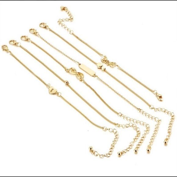 NEW Set of 6 gold bracelets / anklets heart, bar, Infiniti, lock, adjustable… - Picture 3 of 5